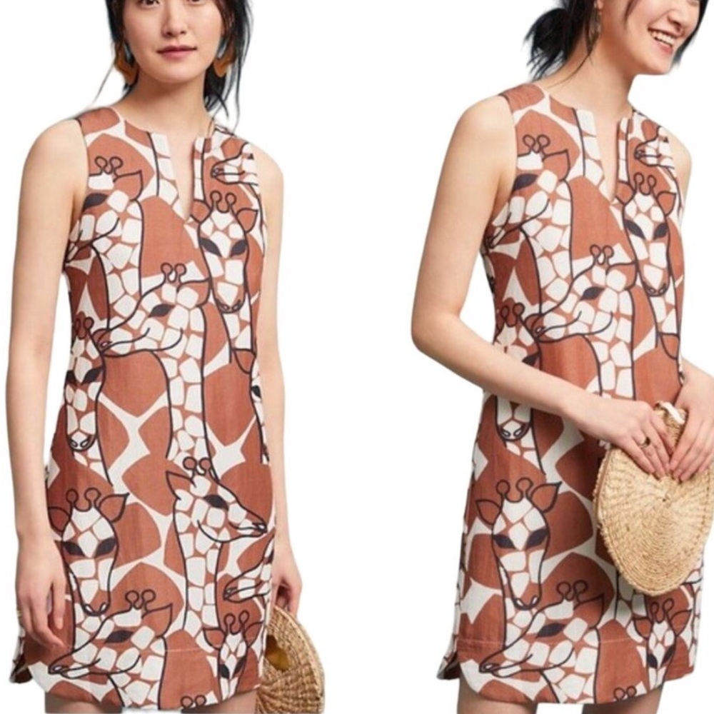 Anthropologie Corey Lynn Calter Giraffe Shift Dress Size Small Sleeveless Linen